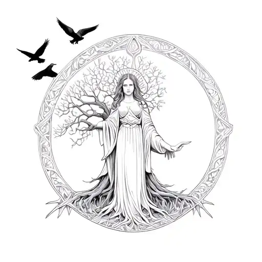 Goddess Aine And The Irish Tree Of Life With Crows Flying From The Tree