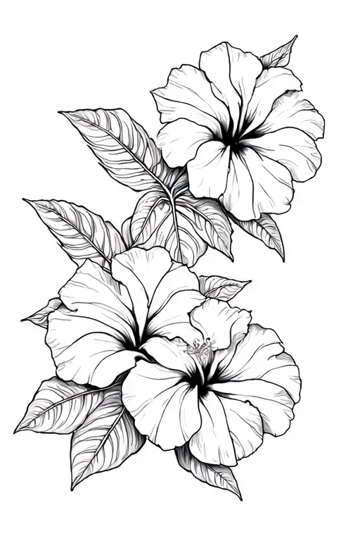 Hibiscus Flowers With Monstera Leaves