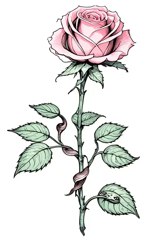 A Light Pink Rose With A Snake Wrapped Up The Stem
