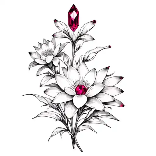 Larkspur Flowers Intertwined With Water Lilly Flowers And Ruby Crystals