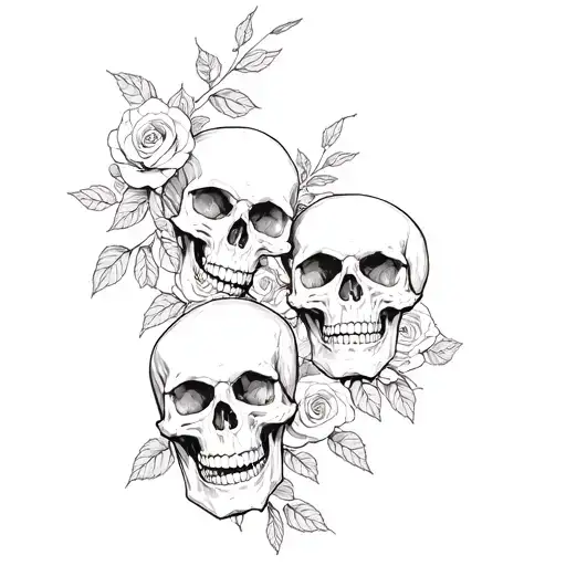 3 Skulls Around Eachother With Roses Blooming
