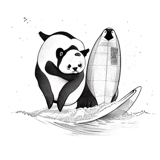 A Panda And A Penguin Surfing A Wave Together On Two Different Surfboards