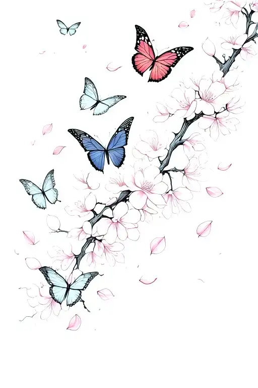 Cherry Blossom Petals With Butterflies Flying