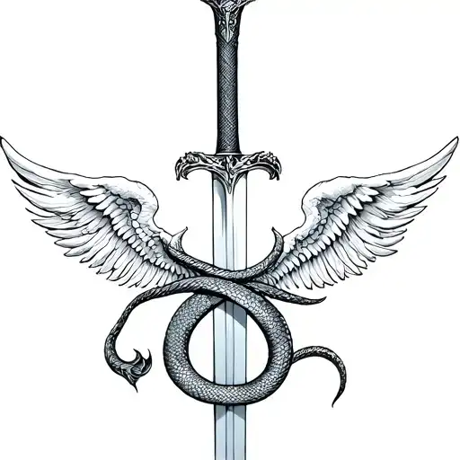 Sword With Snake Wrapped And Devil And Angel Wings On Both Sides