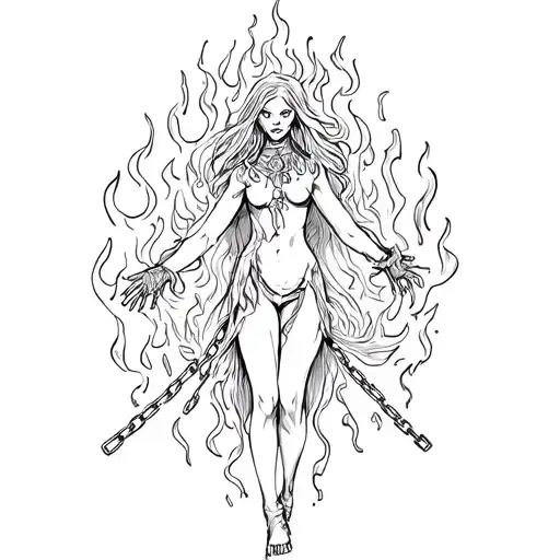 Heartless Girl Surrounded By Flames And With Chains