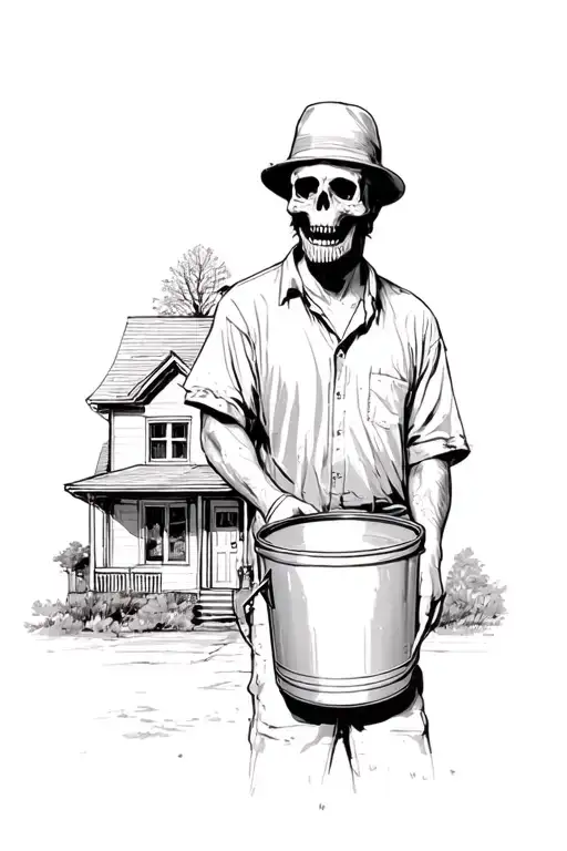 A Man Holding A Bucket In Front Of A House With Skull In His Face
