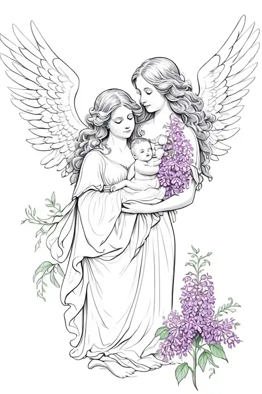 Angel Mom And Infant Angel With Lilacs