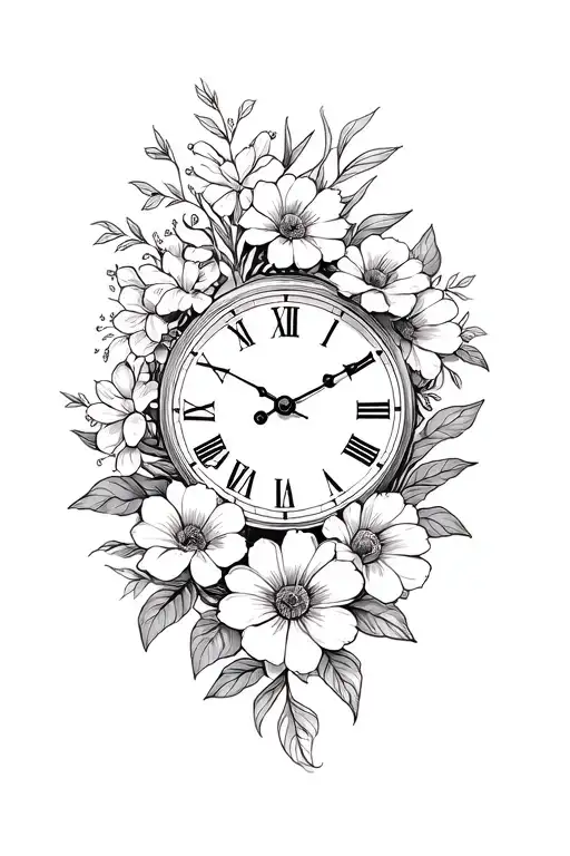 Motherhood Tattoo Design Featuring Clock Face And Flowers
