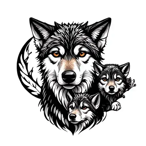 A Wolf And Two Cubs