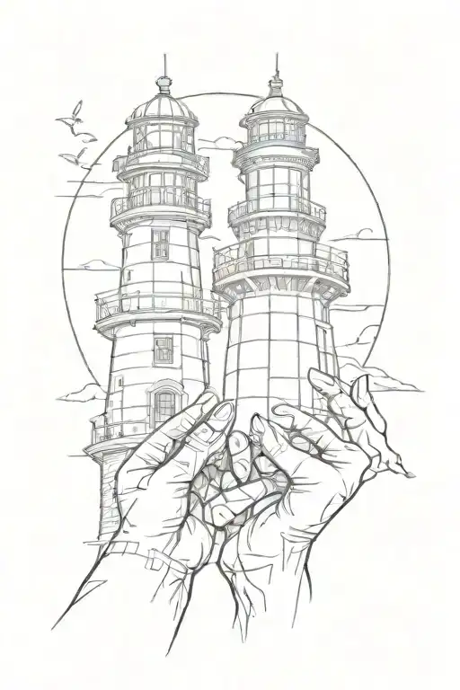 Sketch Design Of Couple Hands That Are Holding Tight Of The Lighthouse With White Background