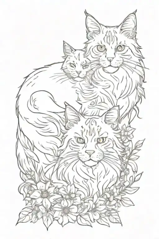 Maine Coon And White Cat In Flowers