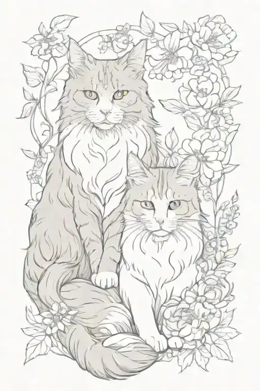 Gray Mainecoon And White Cat In Flowers