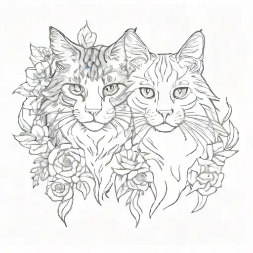 Gray Mainecoon And White Cat In Flowers