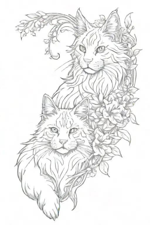 Gray Mainecoon And White Cat In Flowers