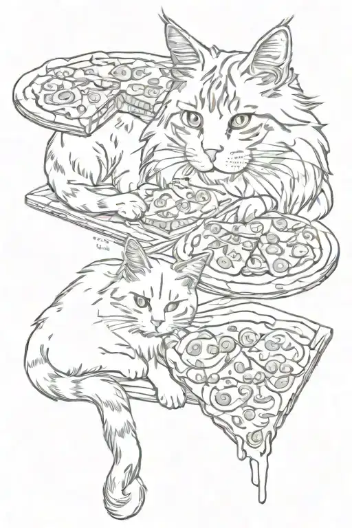 Gray Maine Coon And White Cat With Pizza