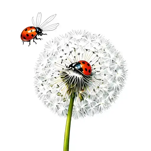 Colorful Detailed Ladybug Flying On A Floating White Dandelion