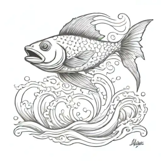 A Sketch Tattoo Of A Fish Jumping Out Of Water With A Bible Verse Written In The Waves
