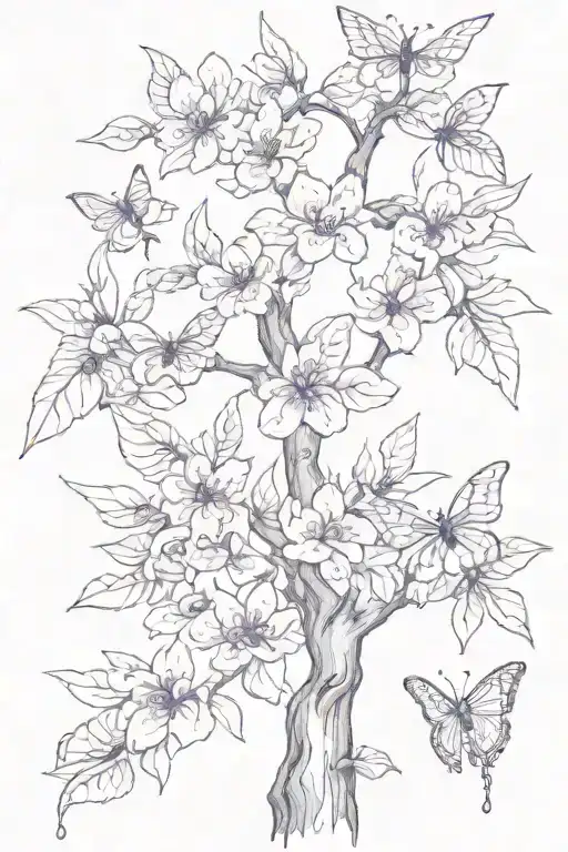 A Peach Tree With Violet Flowers And Butterflies
