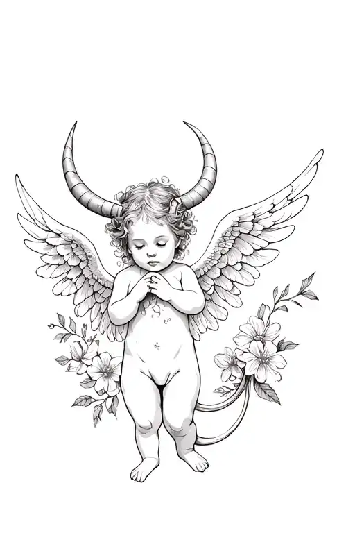 Baby Angel With Horns And Tail Of A Demon In Flowers