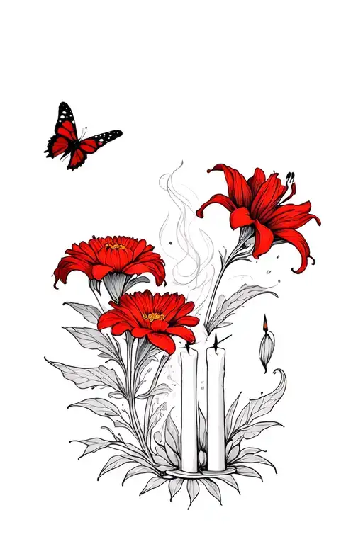 Marigold And Red Spider Lily Honoring The Death With Butterfly And Candle Smoke