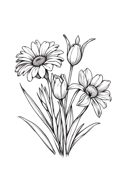 A Bouquet Containing A Daisy Tulip And Iris Flowers