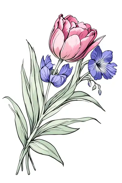 A Bouquet Containing A Tulip And Violet Flowers