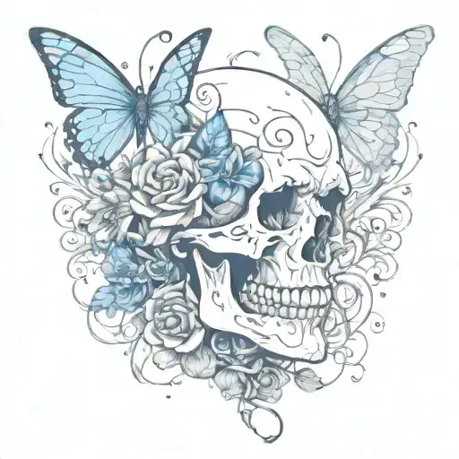 A Music-themed Tattoo Incorporating A Skull And A Blue Butterfly