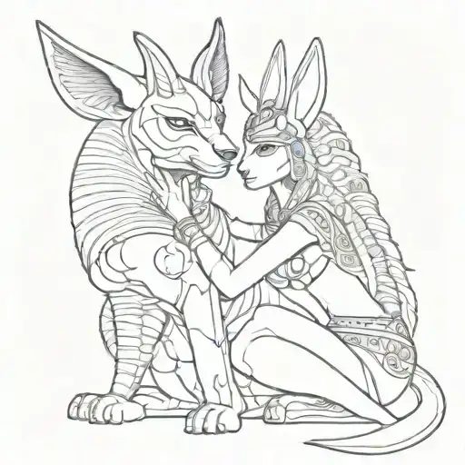 Anubis Hugs Bastet Egyptian Goddess