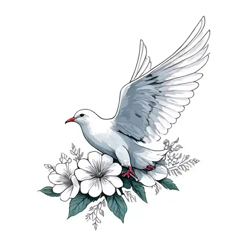 Flying White Dove Against The Background Of Flowers