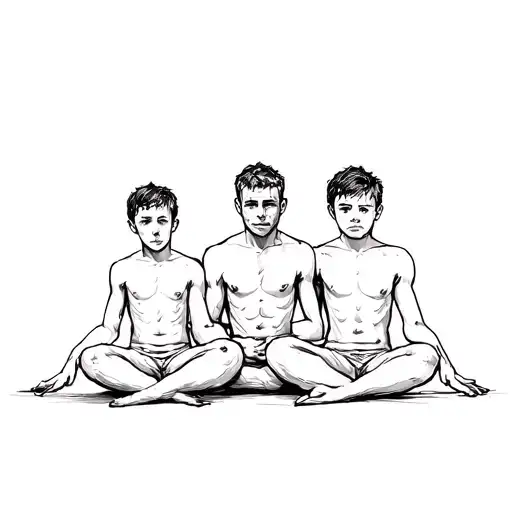 Father & 2 Sons Sketch Sitting Together Cross Legged