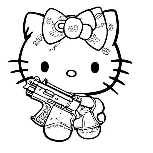 Hello Kitty With Face Tattoos And Gun Intertwined