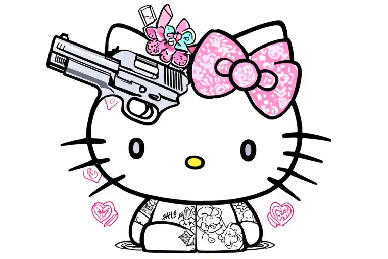 Hello Kitty With Face Tattoos And Gun Intertwined And Drugs