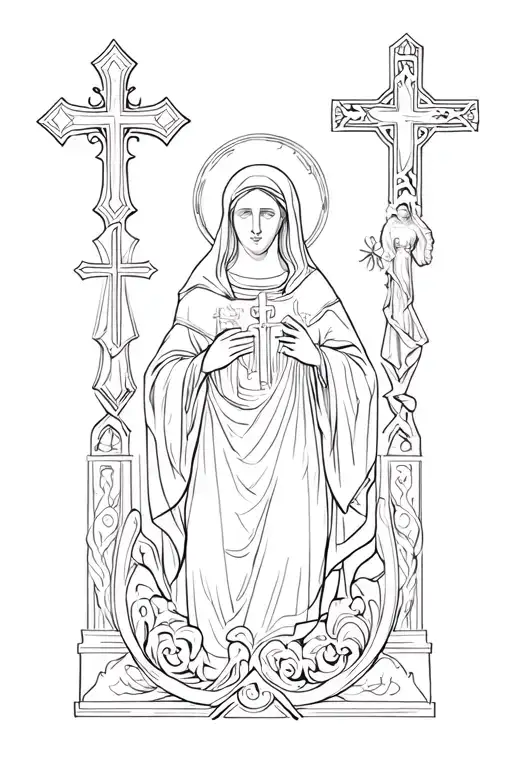 The Holy Theotokos In The Gothic Style Near The Crosses And All Sorts Of Curls