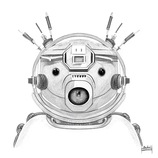 Black And White Robot Bear With Red Glowing Eyes In Barbed Wire