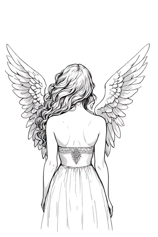 The Back Of A Girl Angel With Hair And Wings
