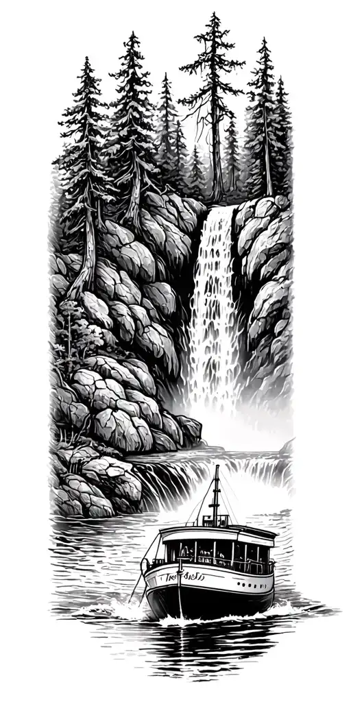 A Sketch Tattoo Of A Pleasure Boat Sailing Through A Waterfall In A Forest