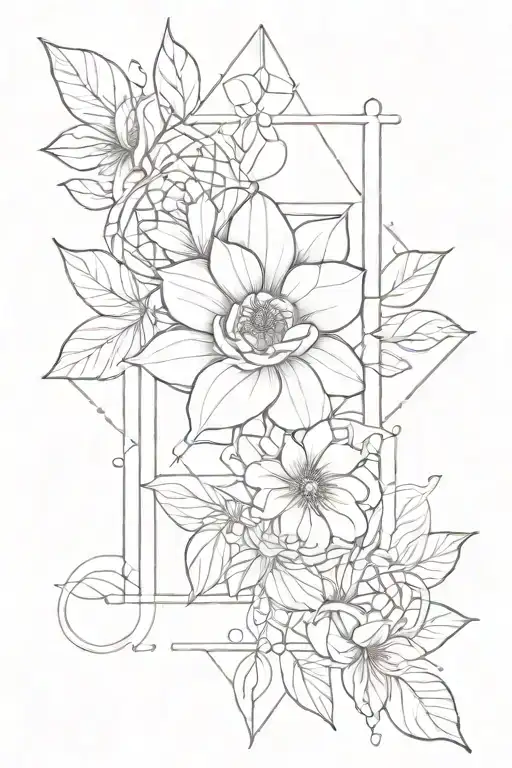 Long Fineline One Flower Surrounded By Geometric Shapes