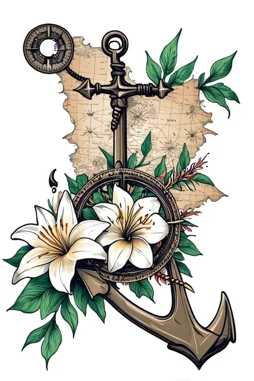 Nautical Map With Compass Anchor And Lily Flowers