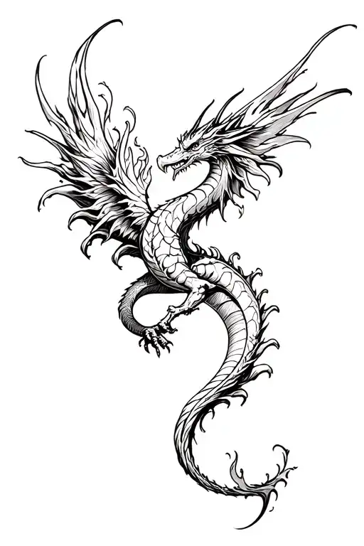 Dragon Phoenix Snaking Acorss Upper Thigh Tattoo With A Long Firey Tail In Black And White