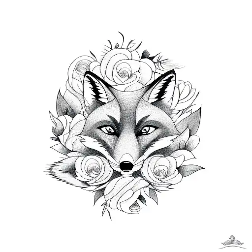 A Minimalist Tattoo Design Of A Fox Surrounded By Peonies And Roses