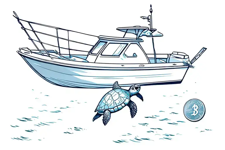Center Console Boat And Coin And A Sea Turtle Swimming