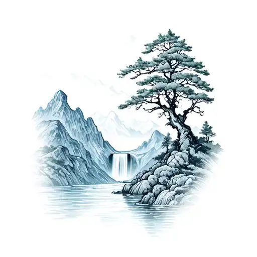 Rowan Tree With Mountains And Waterfall