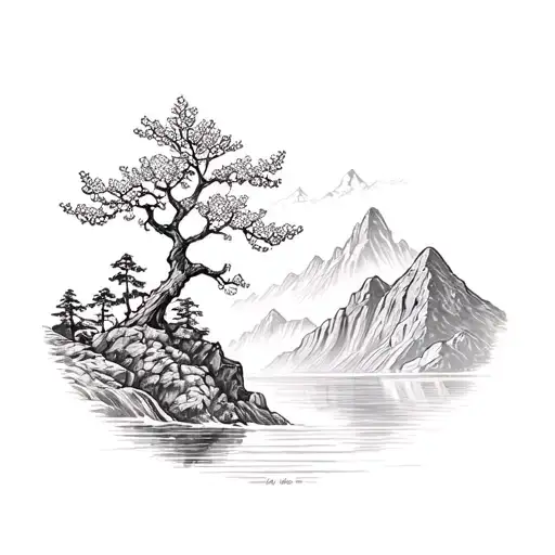 Mountain Ash Tree Tattoo With Mountains Behind And Waterfall In Front