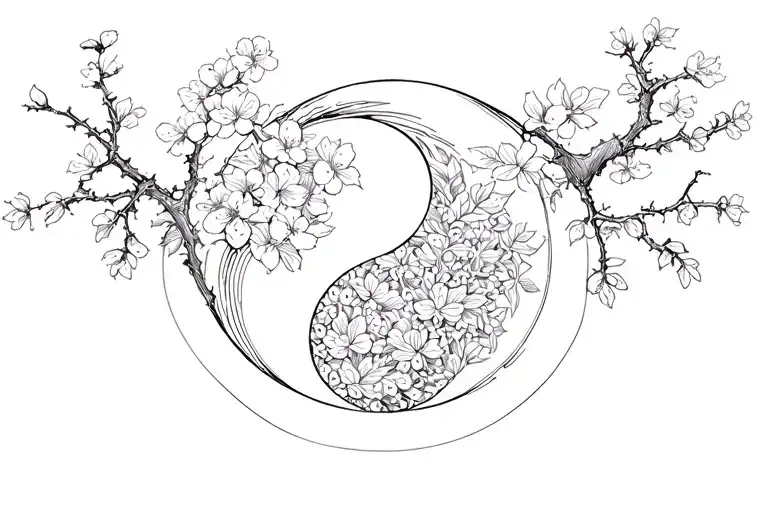 Ying And Yang Shape Made Of Brambles On A Side And Cherry Blossoms On The Other