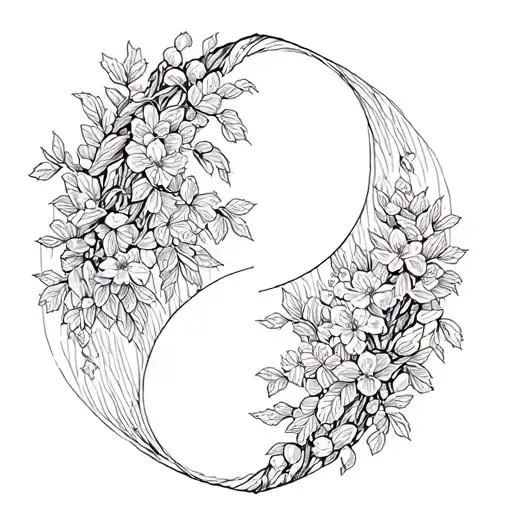 Ying And Yang Shape Made Of Brambles On A Side And Cherry Blossoms On The Other