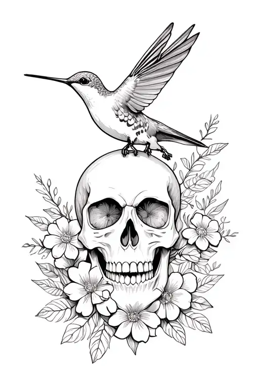 Hummingbird And Skull With Flowers Intertwined