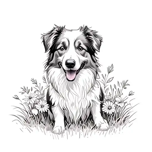 Australian Shepherd With Grass Field And Flowers