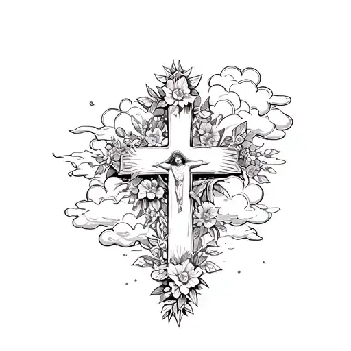 Jesus Cross With Clouds And Flowers