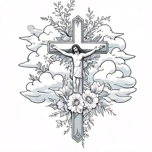 Jesus Cross With Clouds And Flowers