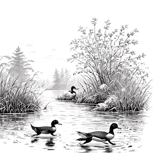 Pond Scene With Dog Chasing Duck